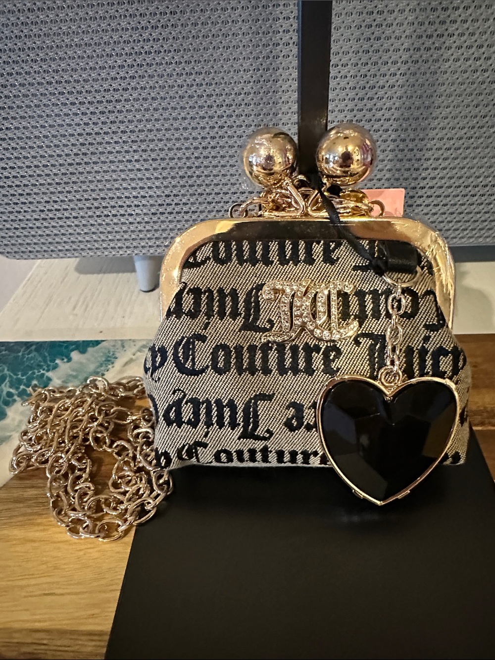 Juicy Couture Black Script Logo Crossbody with Gold Frame and Heart Charm
